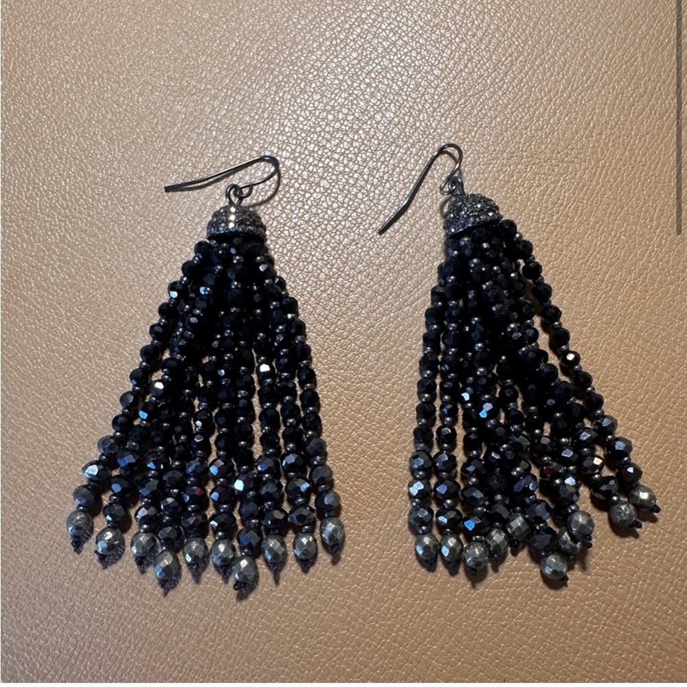 Elegant Black Beaded Tassel Earrings